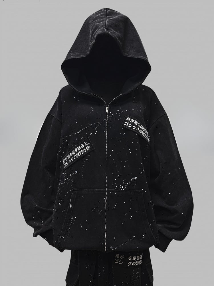 Applikation Wasteland Hoodie Punk Ink Jacke mit Print Letters Schwarz