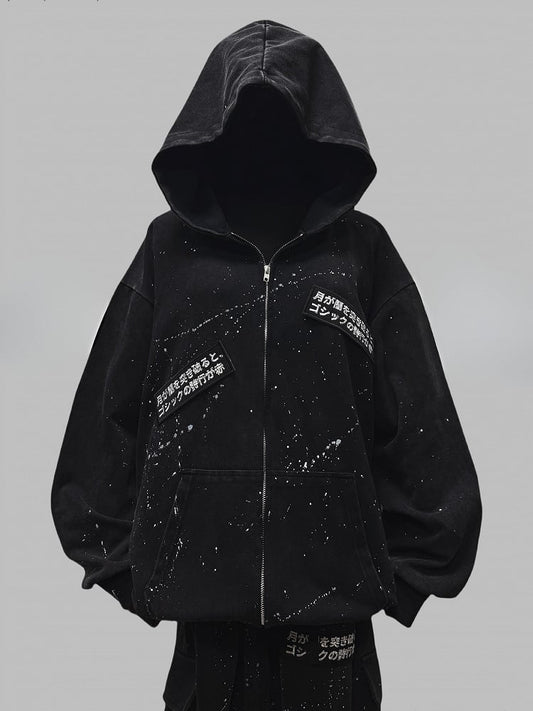 Applikation Wasteland Hoodie Punk Ink Jacke mit Print Letters Schwarz