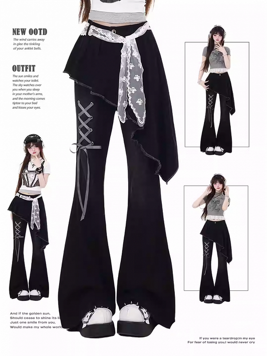 Spitzengürtel, schwarzer asymmetrischer Saum, Schnürdetail mit ausgestellter Hose mit Kunsttail