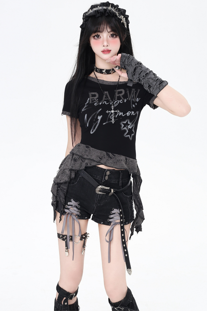 ショートパンツ カラーリボン デニム レースアップ