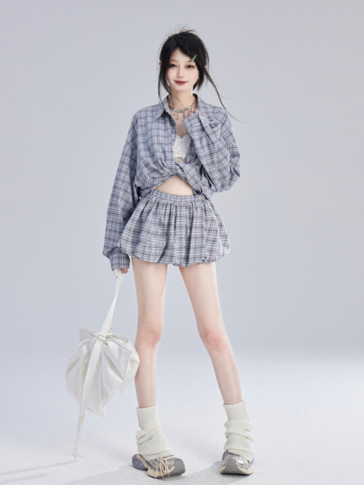 Lockeres blau-weiß kariertes Vintage-Shirt/Ballerrock