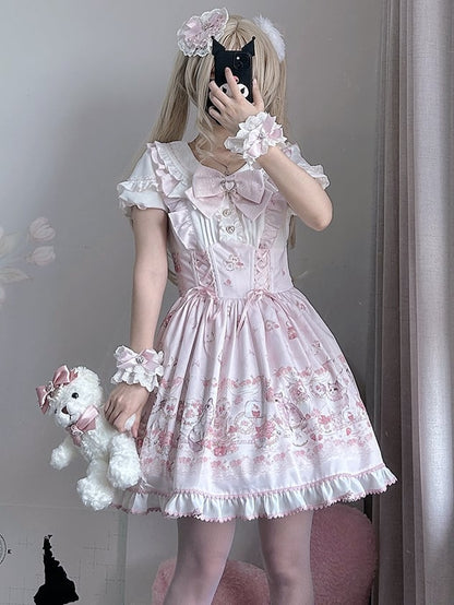 Lace-up Design Sweet Pleating Kei Details Print Pink Cat Jirai