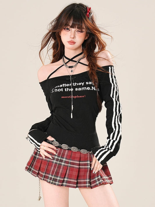 Ausschnitt Off-the-Shoulder Ärmel Letter Print Top Bittersweet Schwarz/Weiß Lang Glamourös