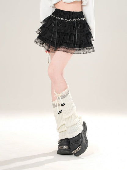 Tiered Accents Bow Stretch and - Lace Black Regular/Thicken Skirt Waist