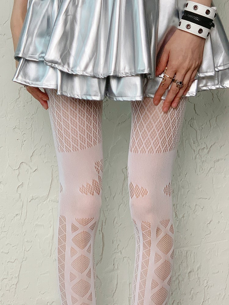 Pattern Tights Diamond Banded Crisscorss White Y2K