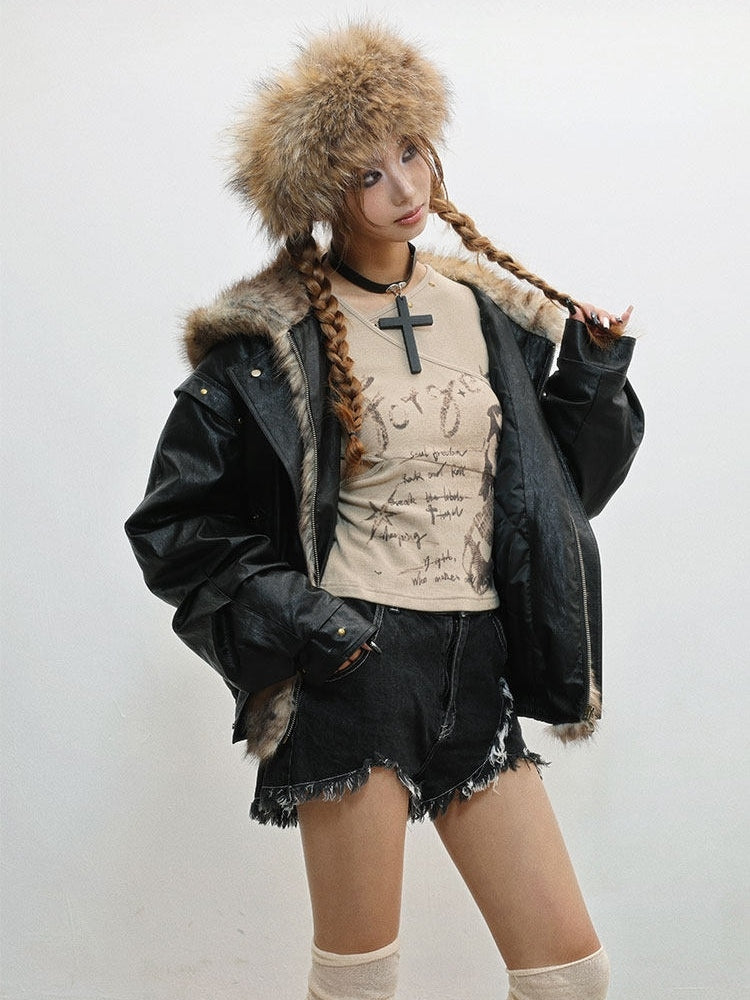 Accent with Jacket - Zip Snap Hooded Style Closure Punk Plush Details Black