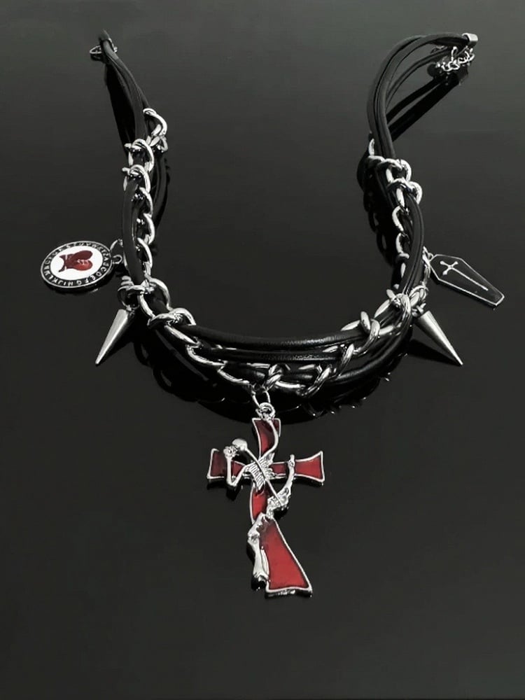 Punk Black Red Choker with Cross Spike Pendants - YSHXS