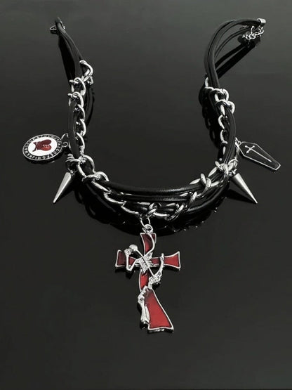 Punk Black Red Choker with Cross Spike Pendants - YSHXS