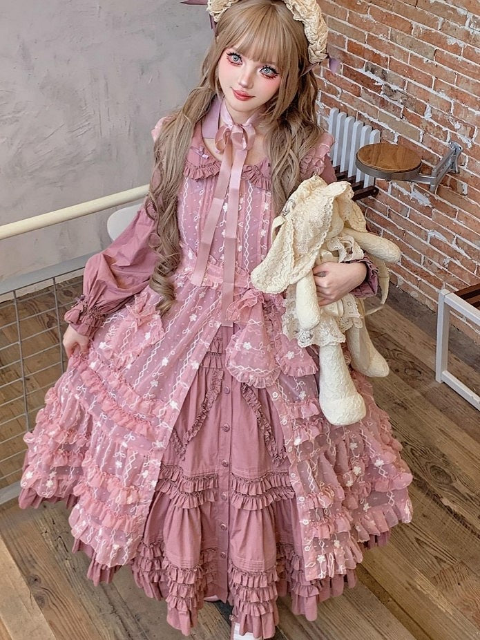 Floral Overdress Lolita Pattern Pink with Bunny Hood Ear Ruffled