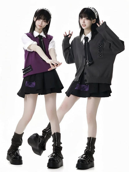 Skort Purple Buckle Strap Design Black  Plaid Patchwork