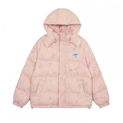 Milchweiß/Rosa dicke Kapuzenjacke mit Sternen und Schleifen
