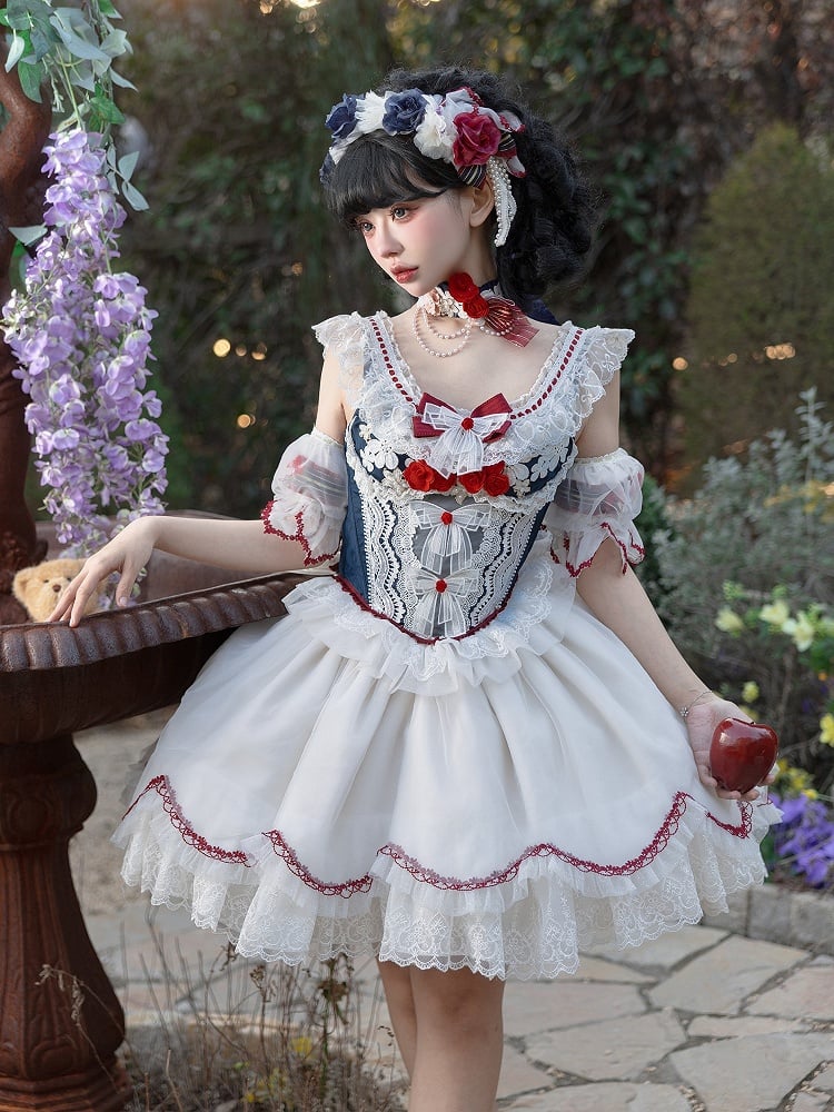 Vibes Sleeves and Bow White Detachable Snow Sweet Lace Decorated Blue Skirt Top Lolita + Full Set Choker KC Corset
