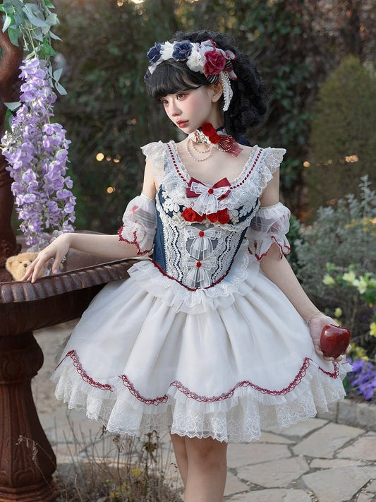 Vibes Sleeves and Bow White Detachable Snow Sweet Lace Decorated Blue Skirt Top Lolita + Full Set Choker KC Corset
