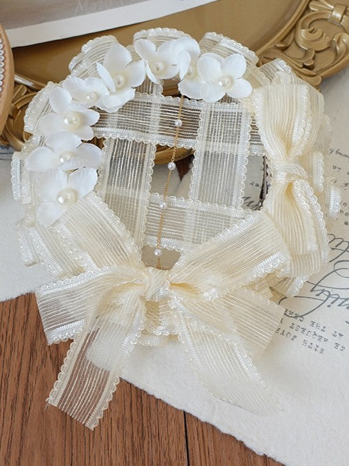 Mini Lolita Accents With Bead Beige/White Bow Hat Chain