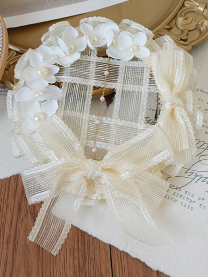 Mini Lolita Accents With Bead Beige/White Bow Hat Chain
