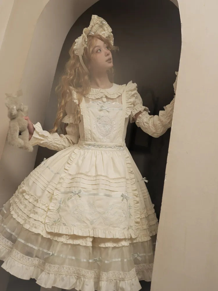 Kleid Schleife Kragen Lolita Grün Beige Baumwolle und Mint Pan Akzente Peter