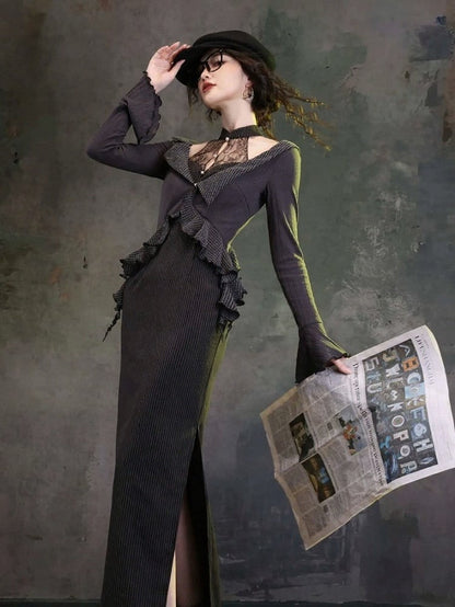 Retro Black & Gray Two-Piece Look Striped Halter Gown with Ruffled Trim - sijinstudio