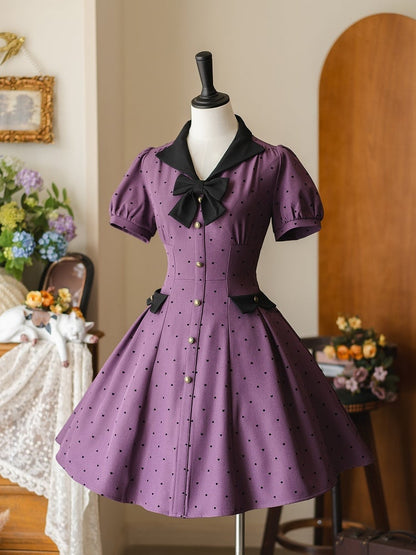 Muster Schwarz Lila Kleid Kleine Retro Ärmeln Puff Herz-förmigen Mode
