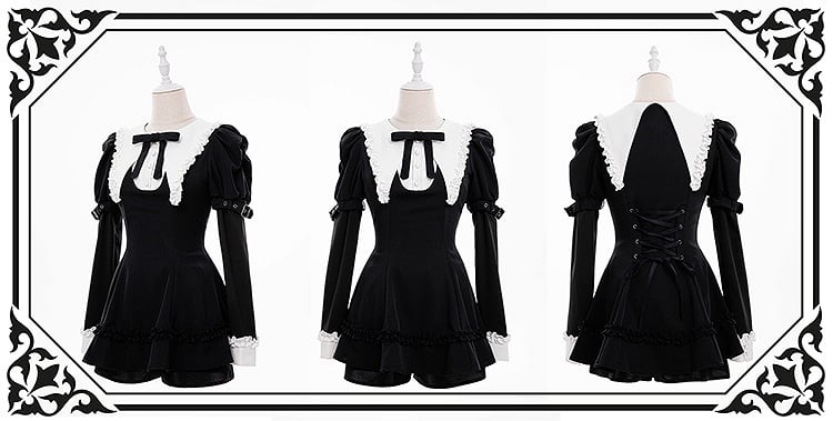 Black Jirai Juliette Flat Gothic Pointed Top with Sleeves Kei Set: Three-Piece White Collar