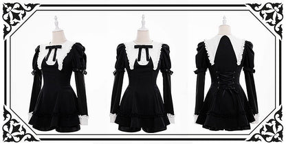 Black Jirai Juliette Flat Gothic Pointed Top with Sleeves Kei Set: Three-Piece White Collar