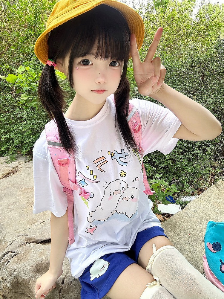 プリントショーツ ドローストリングシール ブルー キュート ネイビー ウエスト