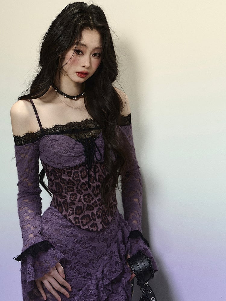Purple Leopard Corset Bodice High Slit Flounce Hem Mermaid Skirt Off Shoulder Lace Dress Evening Gown