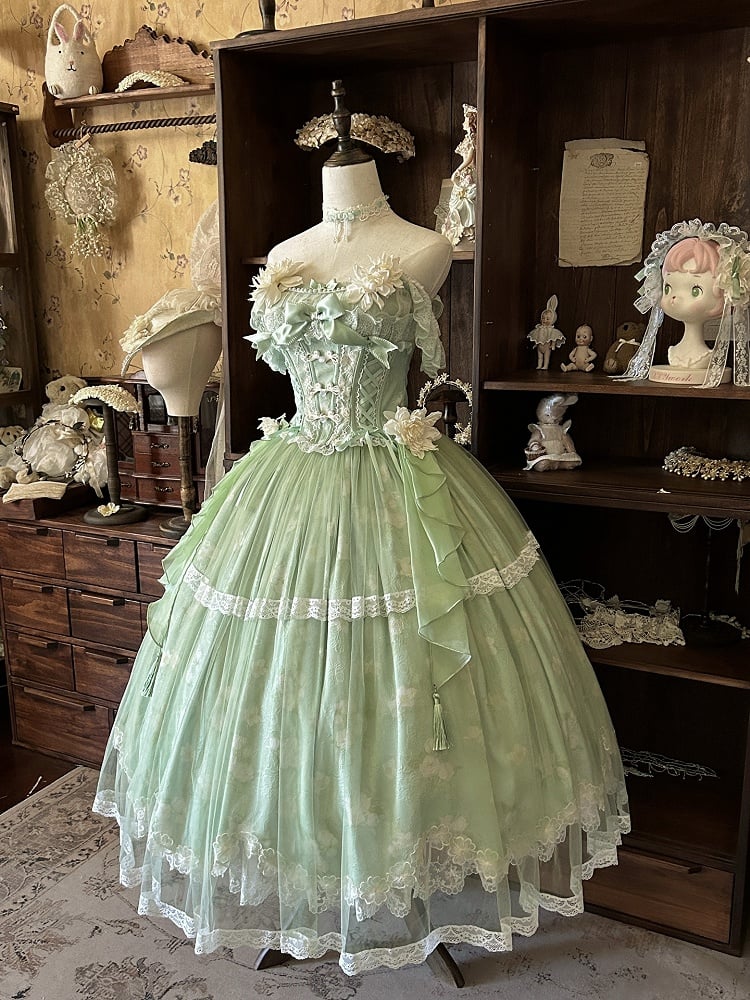 Version Long Floral + Lolita Green Top Frog Skirt with Jasmine-Embellished Buttons Corset Print