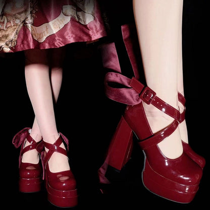 Block High Red in Buckle Elegant Heel Mary Double Janes Design Interchangeable Ribbons System Lolita Platform