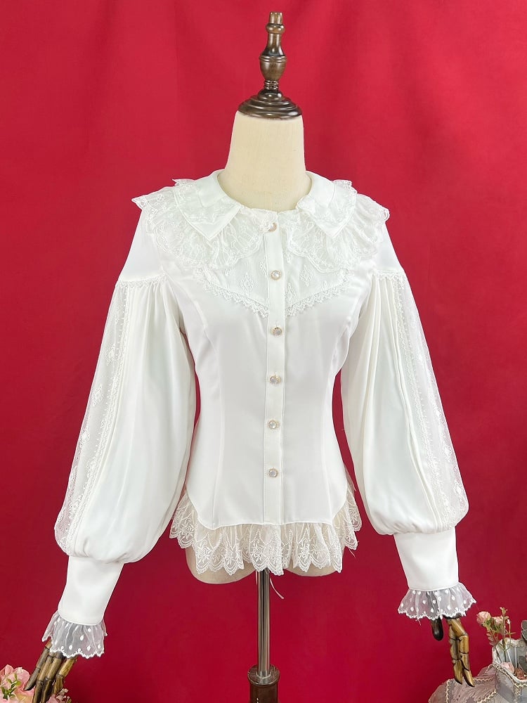 ホワイトのダブルレイヤーカラーのエレガントな長袖シャツ