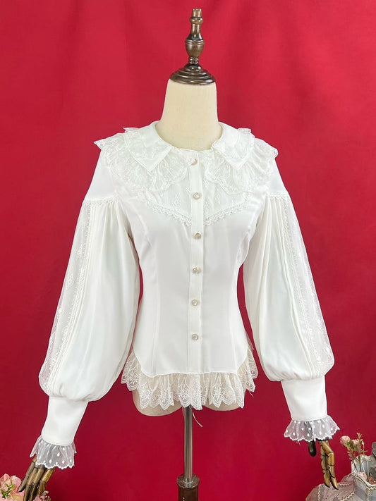 ホワイトのダブルレイヤーカラーのエレガントな長袖シャツ