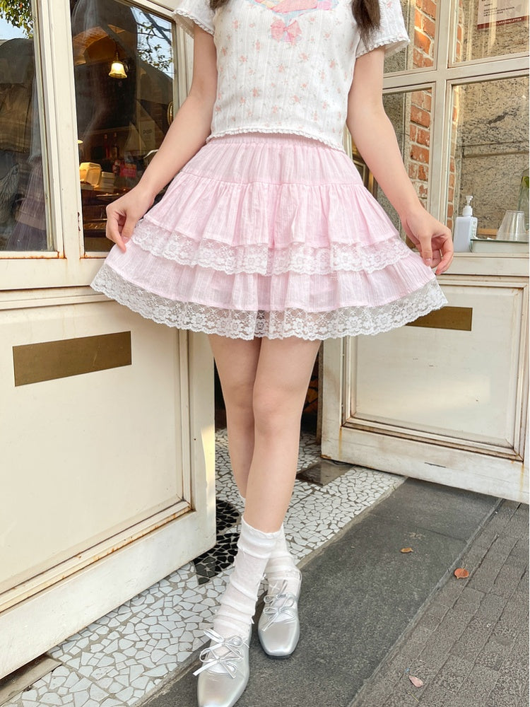 Sweet Pink Elastic Waist Lace Trim Tiered Skirt