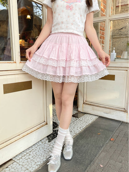 Sweet Pink Elastic Waist Lace Trim Tiered Skirt