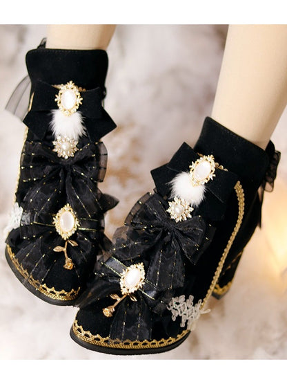 Black Lolita Boots with Round Crystal Accent - One Night Language