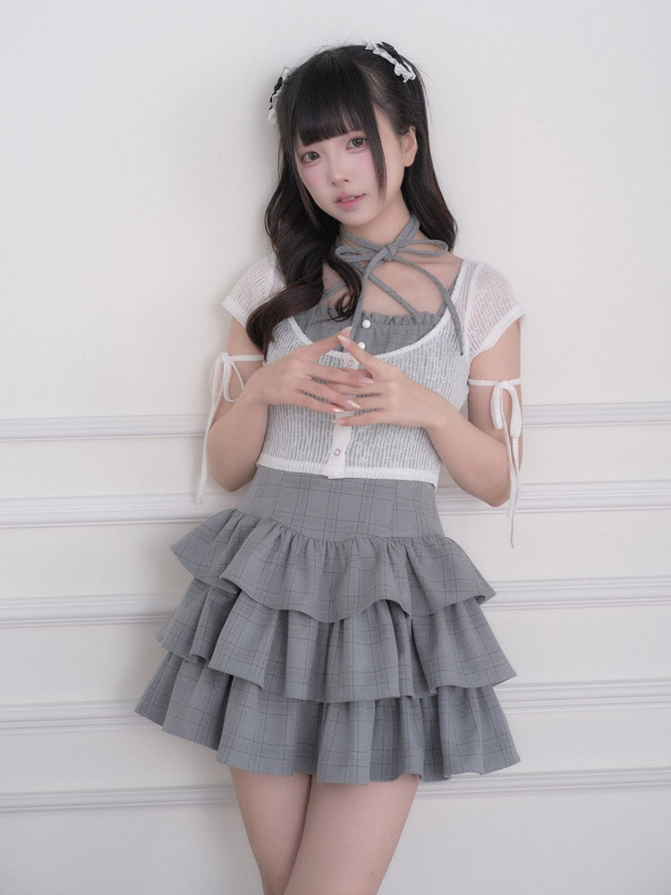 Ryousangata Gray Plaid Tiered Ruffle Camisole Dress White Cropped Top Set - No Genki