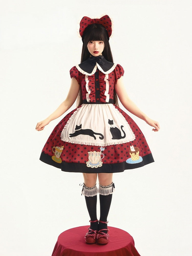 Polka Dot Red & Black Lolita Gown with Apron and Cat Motif - Rock Candy Box