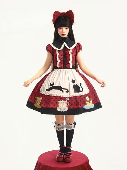 Retro Cat Polka Dot Lolita Dress with Apron - Rock Candy Box