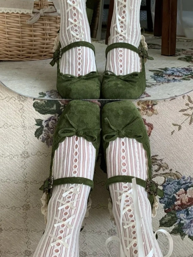 Janes Dark Top Bow at Green Lace - Elegant Toe in Trim Mary Square Lolita