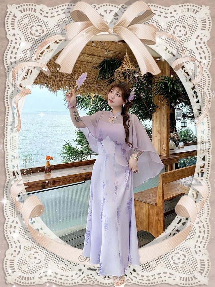 Qipao Design Kleid Plus Size Cheongsam Stil Lila Print Cape Glyzinien