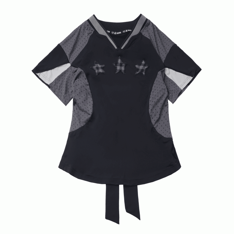 T-Shirt Stern Applikationen V-Ausschnitt Sport Colorblock Design Kariert Schwarz/Grau