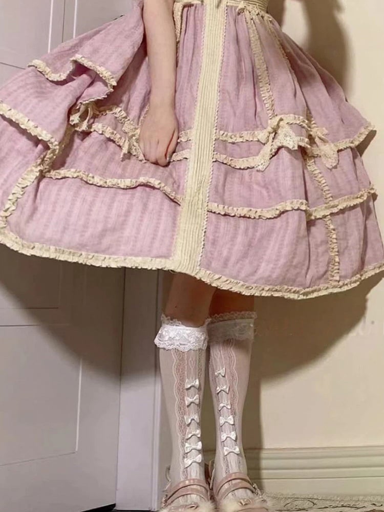 Lolita Detail Stockings (Color: White/Yellow) Bow Sweet Lace