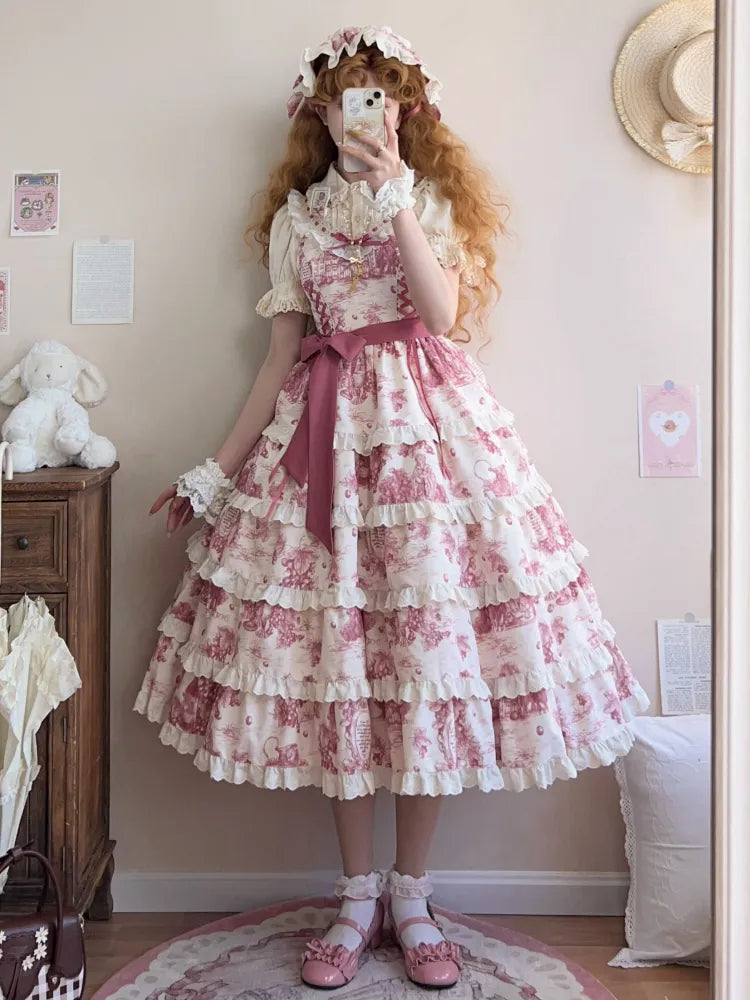 Rosa Lolita-Pullover mit bedrucktem Saum und abnehmbarem Rock in Trauben