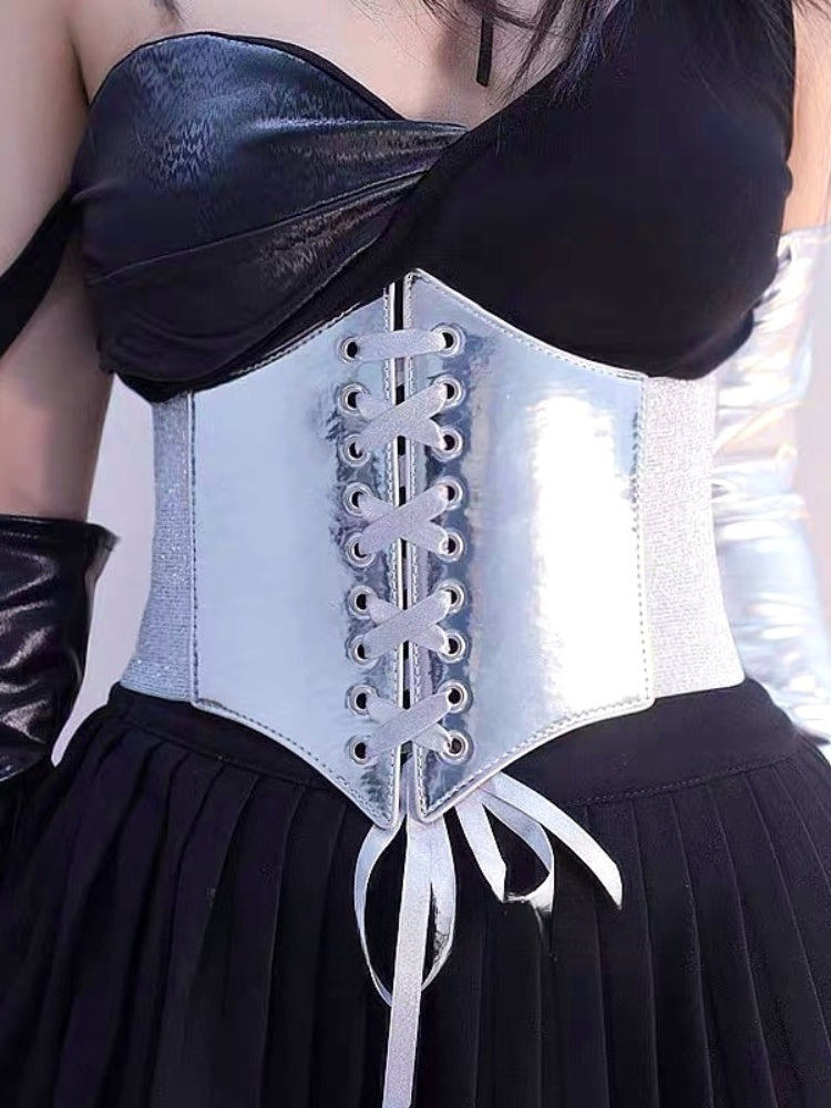 サイバーパンク ロリータ シルバー レースアップ コルセット ベルト