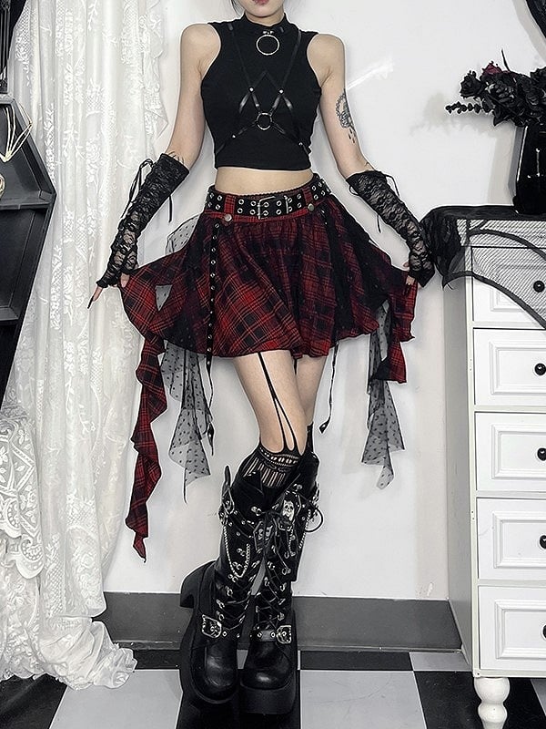 Dot Black Cascading Plaid Tulle Skirt with Punk Polka Ruffles Halloween Red