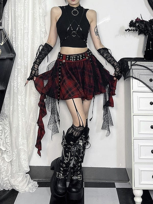 Dot Black Cascading Plaid Tulle Skirt with Punk Polka Ruffles Halloween Red