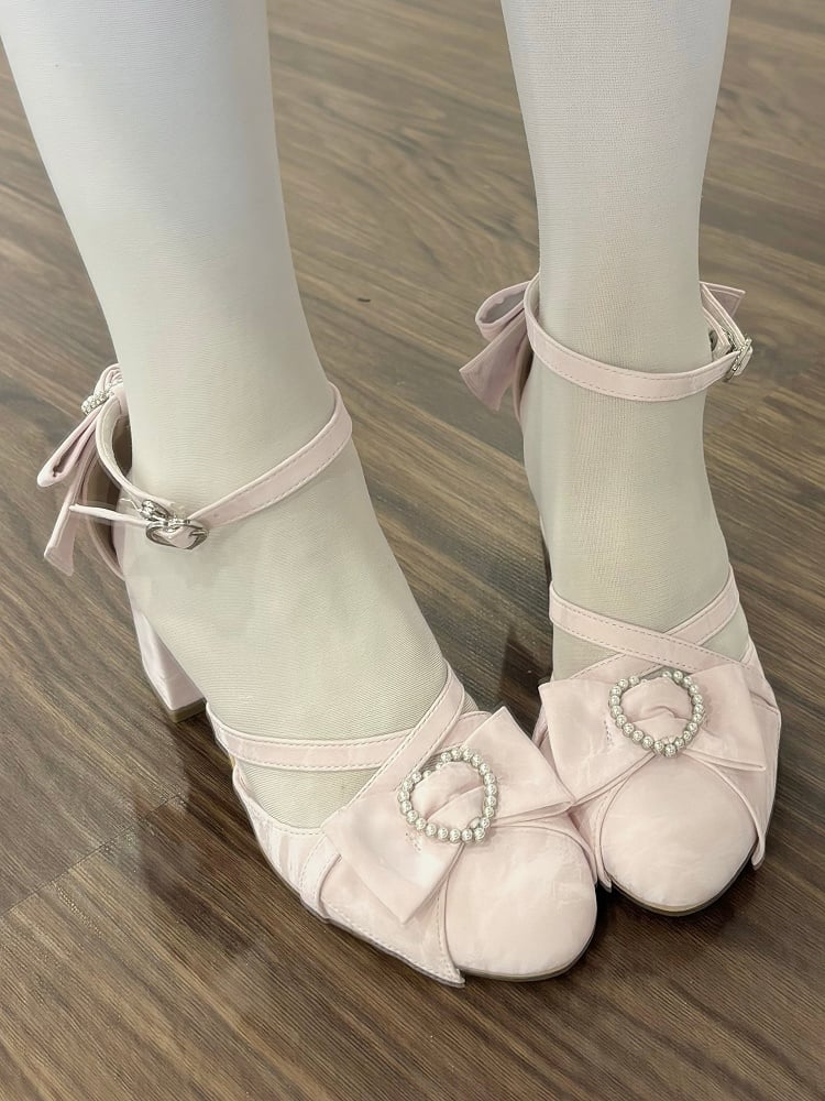 Hohe rosa Schleifen Lolita Riemen Akzent Block Herz Kreuzmuster Design Absatz - Perlen Sandalen