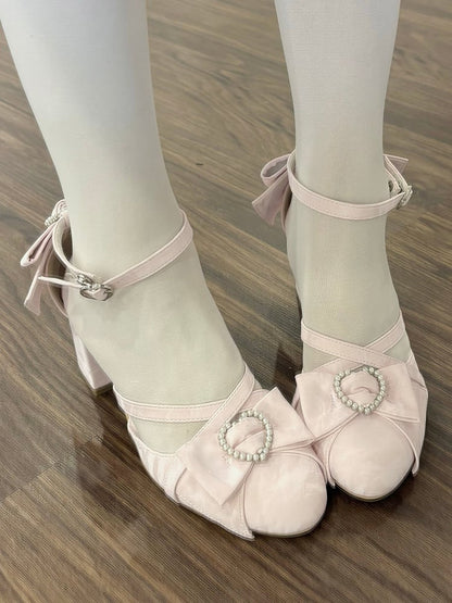 Hohe rosa Schleifen Lolita Riemen Akzent Block Herz Kreuzmuster Design Absatz - Perlen Sandalen