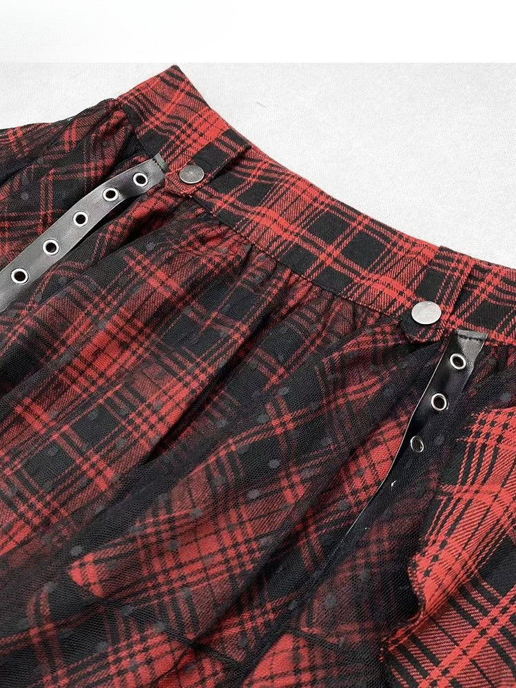 Rock Glamouröses Y2K Muster Rüschen Kaskadierung SchwarzRot Besatz Kariert