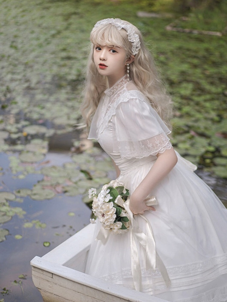 Elegant Vintage White V-Neck Short Sleeve Lolita Dress with Lace Details