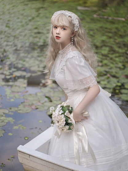 Elegant Vintage White V-Neck Short Sleeve Lolita Dress with Lace Details