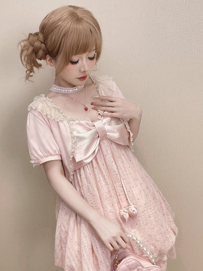 Pink Bow Polka Dot Sleeveless Bubble Dress with Lace - Tan Tuan